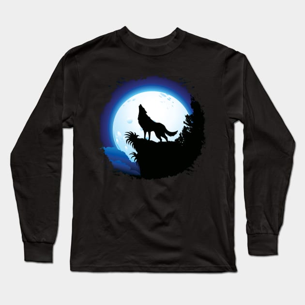 Wolf Howling at Blue Moon Long Sleeve T-Shirt by BluedarkArt